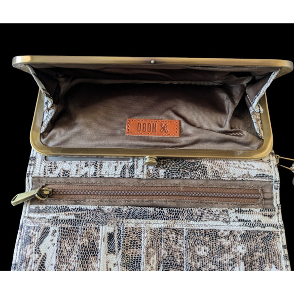 HOBO Rachel Continental Wallet Lizard Printed Leather Brown White Reptile Snake - Picture 5 of 9